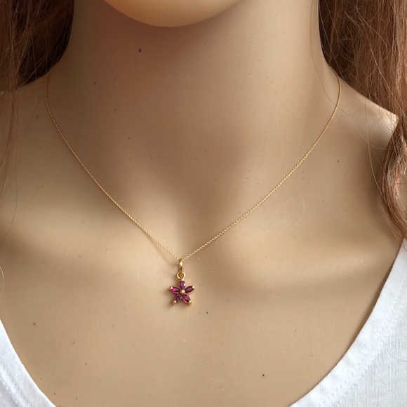 14K Solid Gold Mini Red Flower Dainty Necklace